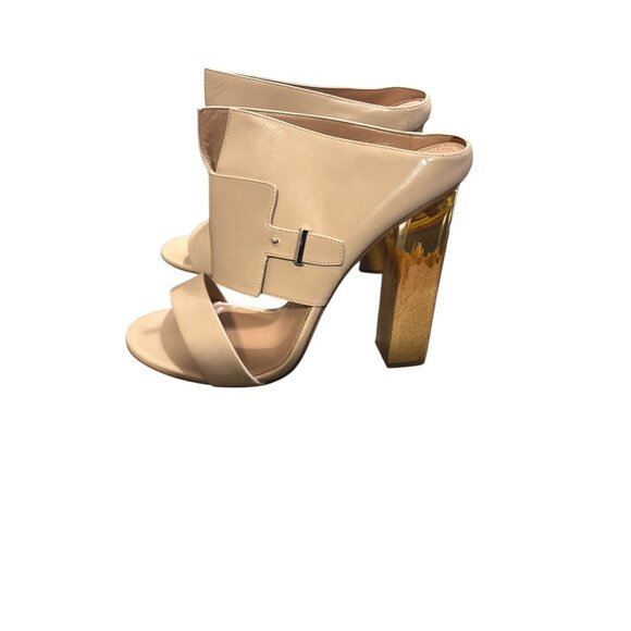 Hugo Boss Beige Leather Heeled Mules With Gold Block Heel & Buckle Detail - Picture 3 of 10